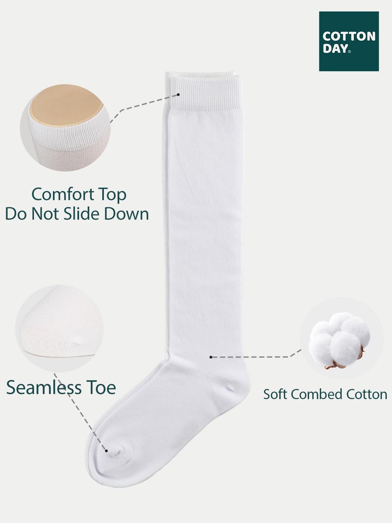 COTTON DAY 3 Pack Kids Girls Soft Knee High School Uniform Dress Socks Seamless Toe 6-8 Years White M (8) - Image 2